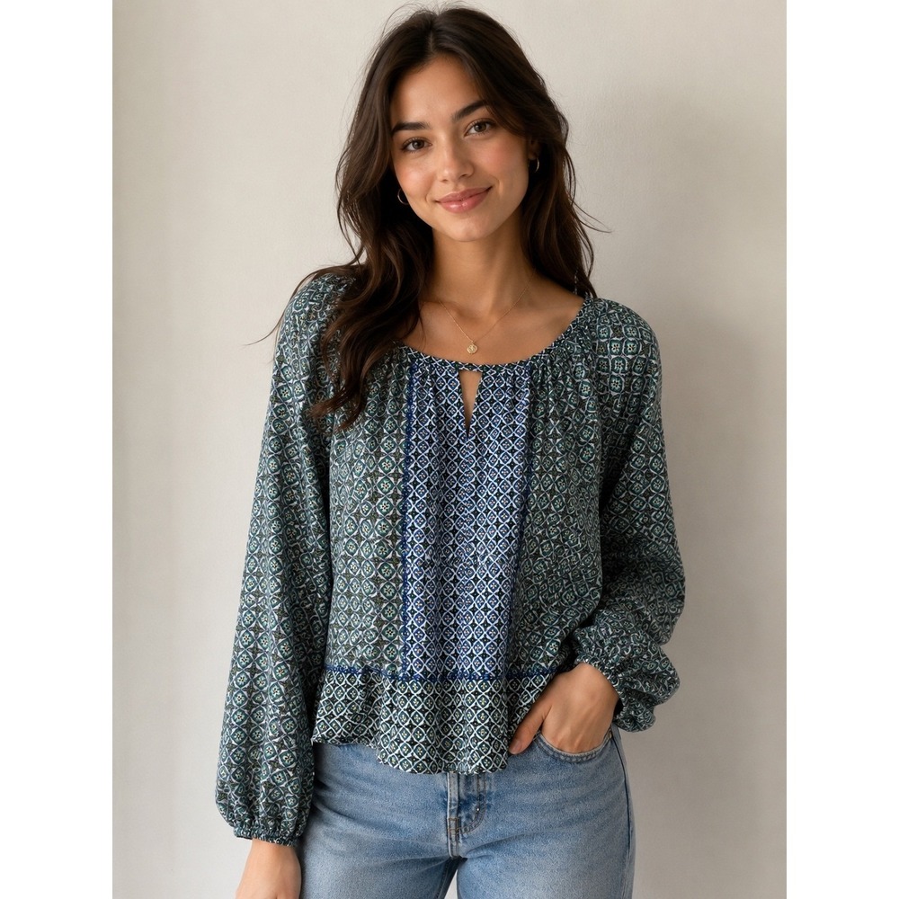 Max Studio Green Blue Geometric Peasant Blouse Size L NEW Elevated Boho Office
